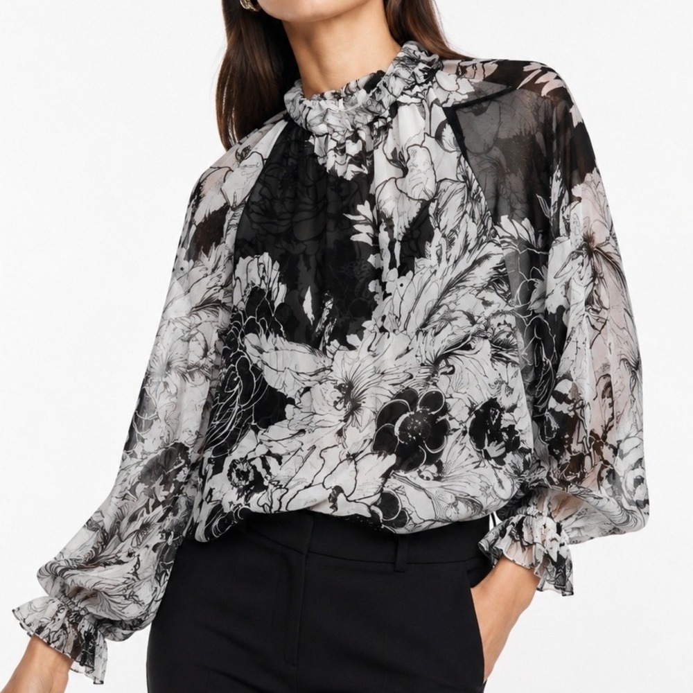 White House Black Market Floral Mock Neck Blouse Black White Tie Sleeve XS